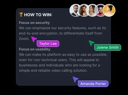 Team collaboration interface for sharing competitive intelligence insights and ensuring consistent messaging across departments